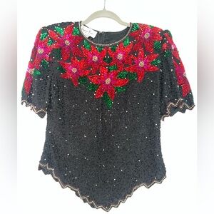 Lawrence Kazar Vintage Beaded Poinsettia Silk Top Black Sequin Holiday Blouse
